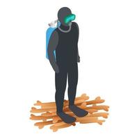 vetor isométrico do ícone do mergulhador. humano em roupa de mergulho com ícone de máscara e nadadeiras