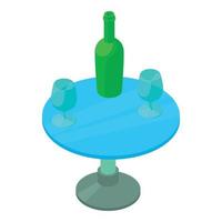 vetor isométrico do ícone da mobília do café. garrafa de vinho e copo de vinho na mesa redonda