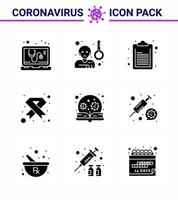 conjunto de ícones covid19 para infográfico 9 pacote preto de glifo sólido, como lista de verificação de fita de educação, câncer médico, coronavírus viral, elementos de design de vetor de doença de 2019nov