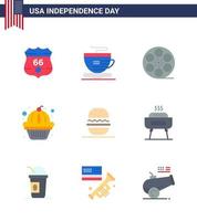 pacote de 9 sinais de apartamentos de celebração do dia da independência dos eua e símbolos de 4 de julho, como hambúrguer americano, jogo de bolo, muffin editável, elementos de design vetorial do dia dos eua vetor
