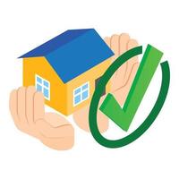 vetor isométrico de ícone de seguro de propriedade. casa no ícone de marca de seleção de mão humana