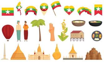 ícones de myanmar definem vetor de desenho animado. marco da birmânia