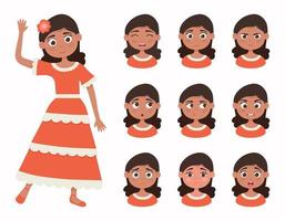 menina latina dos desenhos animados, definir a emoção do personagem, ilustração vetorial no fundo branco vetor