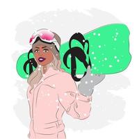 mulher elegante em óculos de esqui em uma estação de esqui, moda, ilustração vetorial vetor