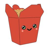 caixa wok asiática com personagem de desenho animado de macarrão ramen. personagem de ramen vetorial isolado. emoji positivo de fast food feliz, refeição kawaii engraçada em embalagem cartonada vetor