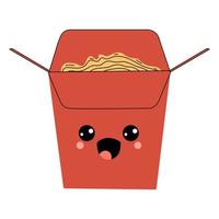 caixa wok asiática com personagem de desenho animado de macarrão ramen. personagem de ramen vetorial isolado. emoji positivo de fast food feliz, refeição kawaii engraçada em embalagem cartonada vetor