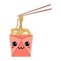 caixa wok asiática com personagem de desenho animado de macarrão ramen. personagem de ramen vetorial isolado. emoji positivo de fast food feliz, refeição kawaii engraçada em embalagem cartonada vetor