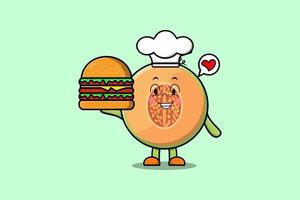 personagem de chef de melão bonito dos desenhos animados segurando hambúrguer vetor