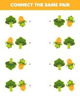 jogo de educação para crianças conectar a mesma imagem de brócolis de desenho animado bonito e planilha de vegetais para impressão de par de milho vetor
