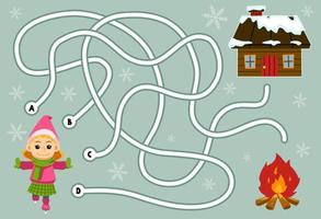 jogo de quebra-cabeça labirinto para crianças com linda garota de desenho animado jogando casa de patinação no gelo e folha de trabalho de inverno para impressão de fogueira vetor