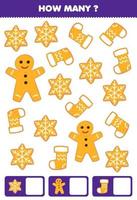 jogo educacional para crianças pesquisando e contando quantos objetos de folha de trabalho de inverno imprimível de biscoito de gengibre bonito dos desenhos animados vetor