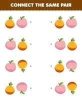 jogo de educação para crianças conectar a mesma imagem de folha de trabalho de fruta imprimível de par de laranja e pêssego bonito dos desenhos animados vetor