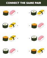 jogo de educação para crianças conectar a mesma imagem de um par de sushi de desenho animado fofo planilha de comida japonesa imprimível vetor