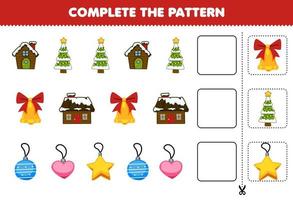 jogo de educação para crianças cortar e completar o padrão de cada linha de uma folha de trabalho de ornamento de sino de árvore de natal de casa de desenho animado bonito vetor
