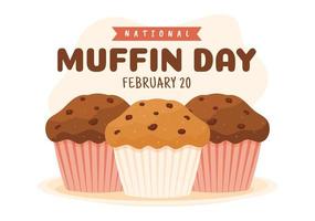 dia nacional do muffin em 20 de fevereiro com bolos clássicos de comida com pedaços de chocolate deliciosos em ilustração de modelo desenhado à mão de desenho animado plano vetor