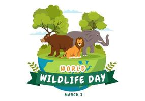 dia mundial da vida selvagem em 3 de março para aumentar a conscientização sobre os animais, plantar e preservar seu habitat na floresta em ilustração de modelo desenhado à mão plana dos desenhos animados vetor