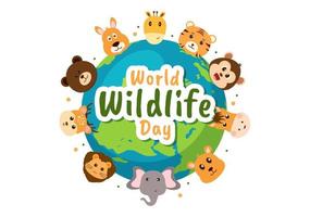 dia mundial da vida selvagem em 3 de março para aumentar a conscientização sobre os animais, plantar e preservar seu habitat na floresta em ilustração de modelo desenhado à mão plana dos desenhos animados vetor
