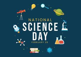 dia nacional da ciência, 28 de fevereiro, relacionado a líquido químico, científico, médico e pesquisa em desenhos animados planos, ilustração de modelos desenhados à mão vetor