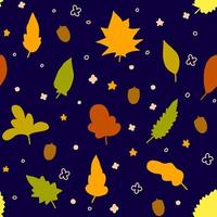 padrão perfeito com folhas coloridas abstratas de vetor desenhado à mão e bolotas, ilustração de outono brilhante para envoltório, capa, papel de parede, design de interiores, impressão têxtil, motivo botânico simples, fundo azul