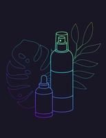 ilustração em vetor de frascos de cosméticos. linha neon brilhante em um fundo escuro. beleza, feminino, conceito de mulher. autocuidado, cuidados com a pele, procedimentos de beleza.