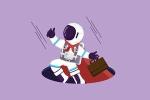 desenho gráfico de design plano de jovem astronauta voador com asa e maleta saindo de buracos na superfície da lua. astronauta sair do problema. espaço cósmico da galáxia. ilustração vetorial de estilo cartoon vetor