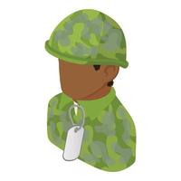 vetor isométrico de ícone de soldado masculino. militar afro-americano com dog tag