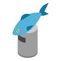 vetor isométrico de ícone de resíduos de frutos do mar. peixe descartado e ícone de lata de lixo de metal