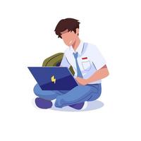 ilustração de estudantes indonésios do ensino médio usando um laptop vetor