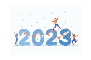 pessoas festejando para comemorar a véspera de ano novo de 2022 a 2023. feliz ano novo 2023. atividades de pessoas, decoração, dança, diversão, ilustração moderna de vetor plano