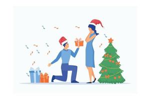 homem dá a uma mulher um presente de natal, ilustração moderna de vetor plano