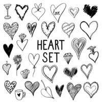 conjunto vetorial de corações desenhados à mão. coleção preto e branco de diversos corações grunge em forma e estilo. elementos de design para criar cartões, convites, banners, panfletos e clipart vetor