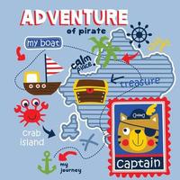 aventura de pirata, mapa, desenho animado animal engraçado, ilustração vetorial vetor