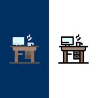 ícones de trabalho de escritório de laptop de trabalho plano e conjunto de ícones cheios de linha vector fundo azul