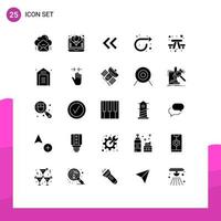 25 sinais universais de glifo sólido, símbolos de festa de repetição de bancada, para frente, para trás, elementos de design de vetores editáveis