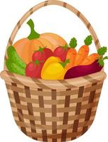 uma grande cesta com legumes frescos maduros, como abóbora, pepino, pimentão, berinjela e tomate e cenoura. ilustração em vetor outono isolada no fundo branco.