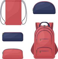 um kit escolar composto por mochilas escolares vermelhas e azuis, como uma mochila kra, um estojo retangular e redondo para canetas e lápis e uma sacola para sapatos. ilustração vetorial isolada no fundo branco vetor
