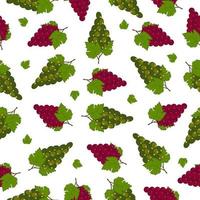 padrão sem costura de verão suculento de uva com uma foto de uvas verdes vermelhas maduras com folhas verdes. impressão de verão. ilustração vetorial no fundo branco. vetor