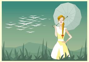 Jovem, mulher bonita com um vetor de veado e guarda-chuva