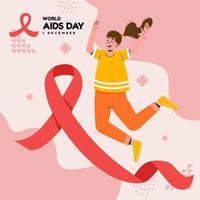 dia mundial da aids mulher feliz pulando mãos para cima com fita vermelha vetor