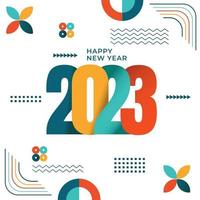 design abstrato feliz ano novo 2023, geometria moderna e tipografia. cartão colorido vetor feliz ano novo 2023. ilustração vetorial
