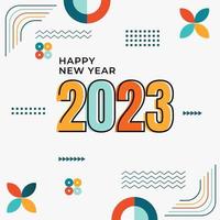 design abstrato feliz ano novo 2023, geometria moderna e tipografia. cartão colorido vetor feliz ano novo 2023. ilustração vetorial