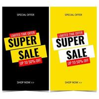 banner vetorial para super promoção de venda. cartaz de desconto e venda, folheto ou livreto para anúncio de temporada de compras. oferta por tempo limitado e banner de anúncio de redução de preço em estilo plano. vetor