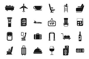 ícones de viagem de primeira classe definem vetor simples. serviço de avião