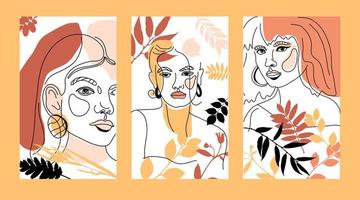 conjunto de rostos femininos, cartões de estilo de linha mínimo vetor