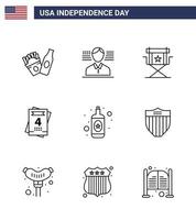 9 sinais de linha para o dia da independência dos eua, filmes americanos de garrafa, amor, álcool, editável, elementos de design vetorial do dia dos eua vetor