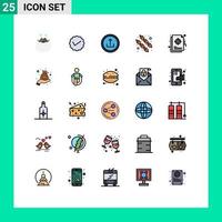 conjunto de cores planas de linha cheia de interface móvel de 25 pictogramas de interface de navegação social de comida doce elementos de design de vetores editáveis