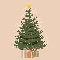 árvore de webnatal com presentes decorados guirlanda de férias e topper estrela. abeto de natal brilhando com luzes. ilustração vetorial