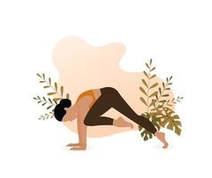 jovem demonstrando joelho a cotovelo pose de prancha com a natureza e folhas de fundo. mulher flexível fazendo pose de ioga phalakasana. ilustração vetorial vetor