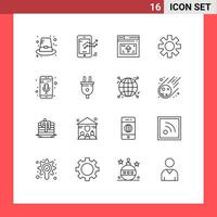 conjunto de pictogramas de 16 contornos simples de elementos de design de vetores editáveis do site de configuração de estatísticas de cog de aplicativos móveis