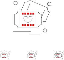 bilhete amor coração casamento conjunto de ícones de linha preta em negrito e fino vetor